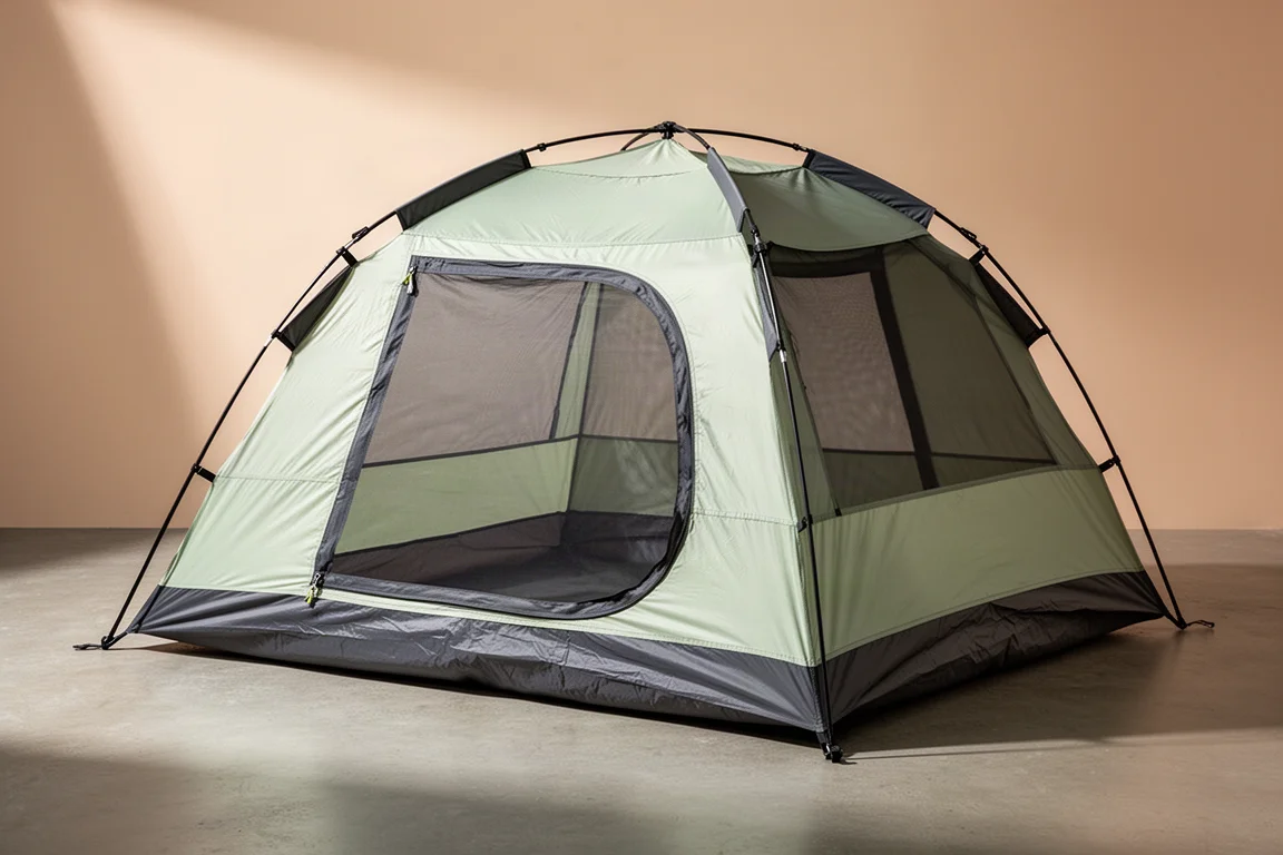 Four-person dome camping tent with light blue fabric and a grey rainfly on grass