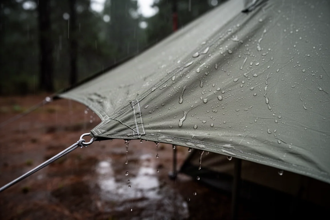 雨水沿著拉緊的帳篷防雨篷流下,可見縫線位置