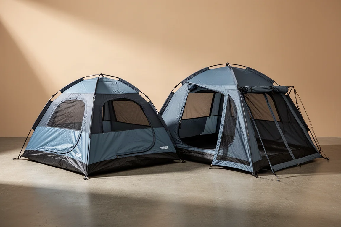 Two four-person dome camping tents side by side on a concrete surface