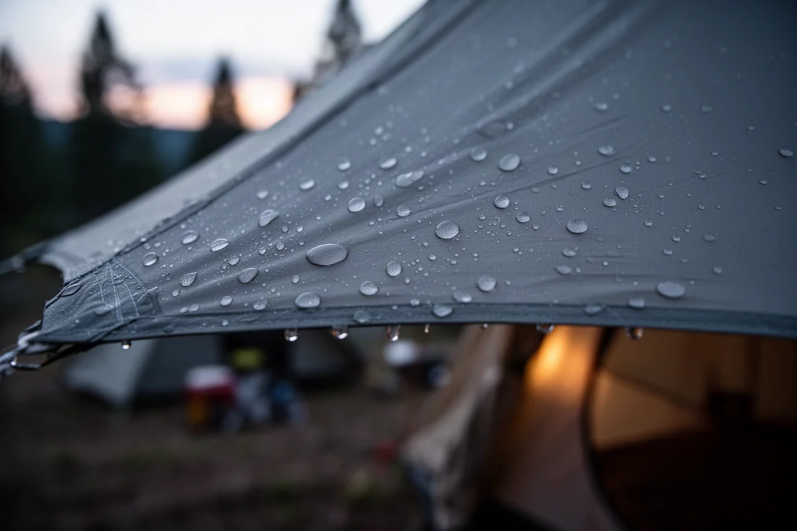 夕暮れ時、テントのレインフライの張られた布地に雨粒が浮かぶ様子
