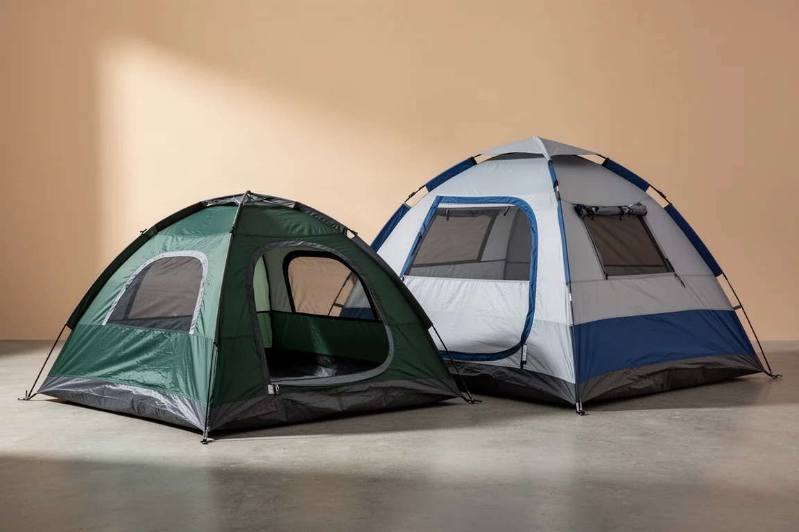 Two dome camping tents of different sizes pitched side by side on a concrete surface