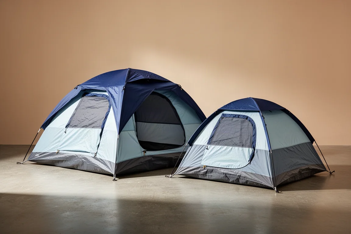 Two dome camping tents pitched side by side on a neutral studio backdrop