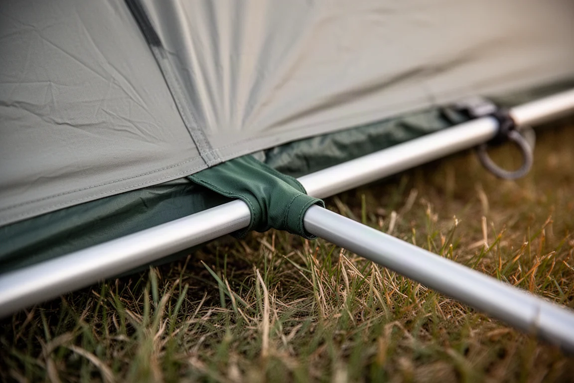 Regenwasser perlt an der straffen Stoffwand eines kleinen Campingzeltes bei Nacht ab