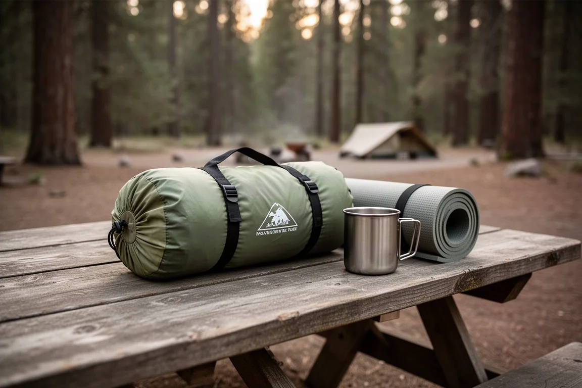 Kuppelzelt auf einem nebligen Morgen-Campingplatz mit Tau auf dem Gras und kühlem Licht