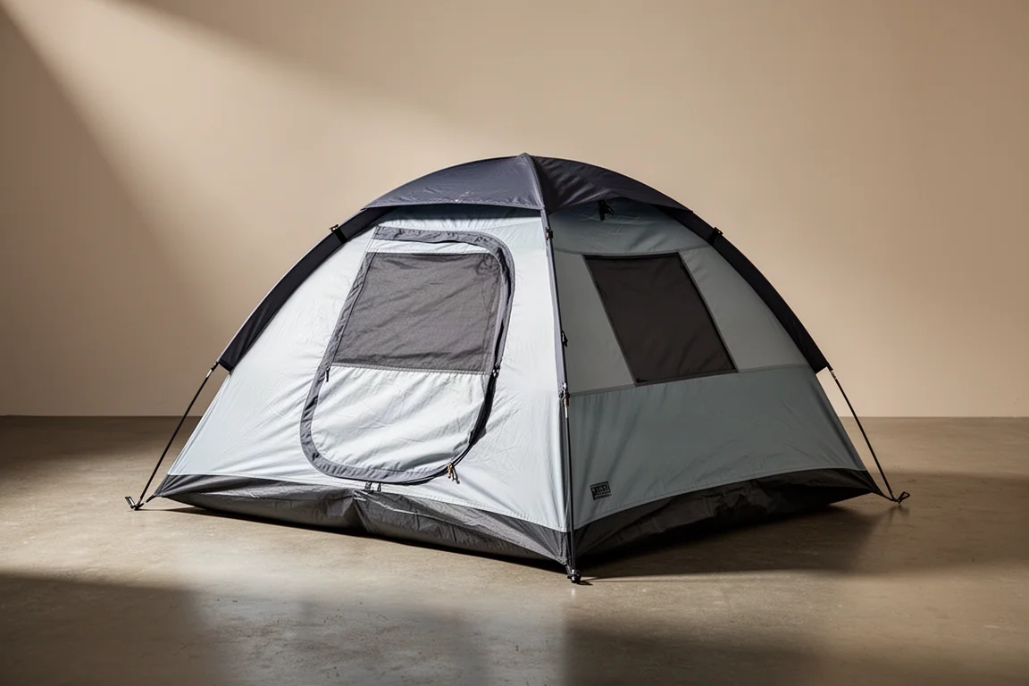 Compact two-person dome camping tent pitched on a neutral grey surface