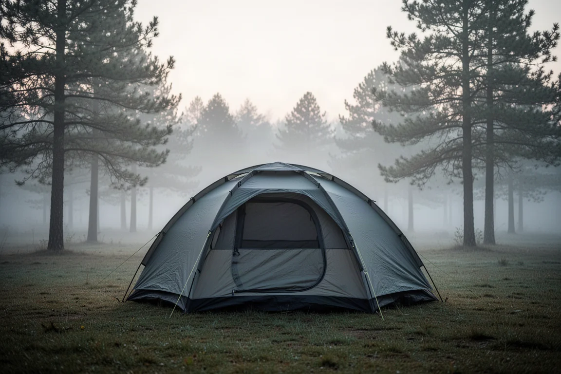 Camping tent pitched at a quiet campsite in soft early morning light