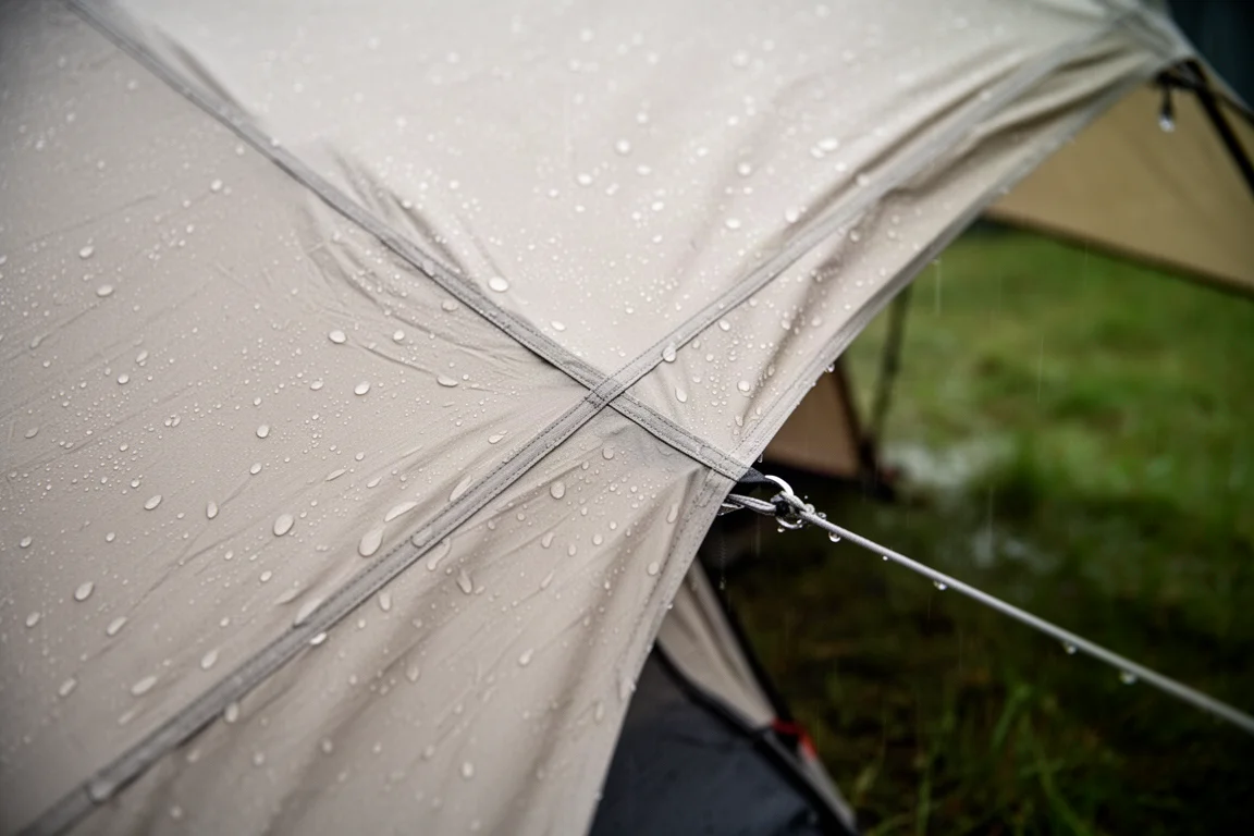 Rain beading on the rainfly and guyline of a pitched camping tent