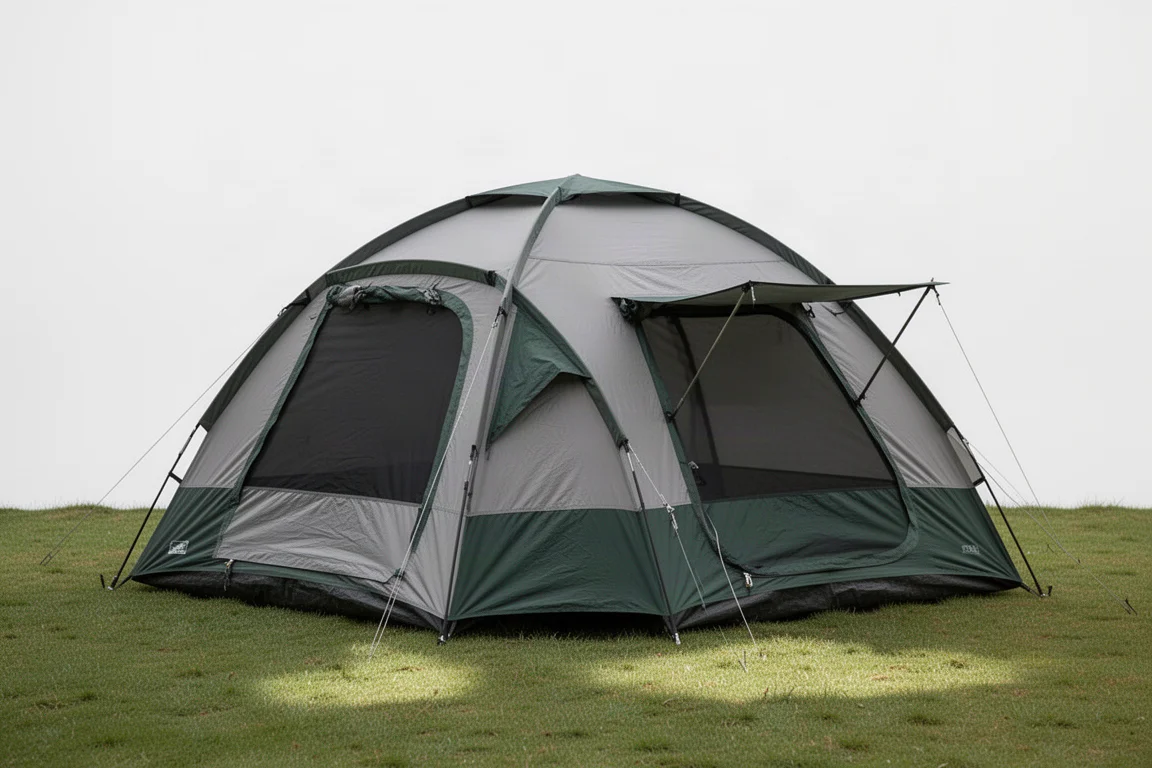 Six person dome camping tent with dark green rainfly pitched on a concrete surface