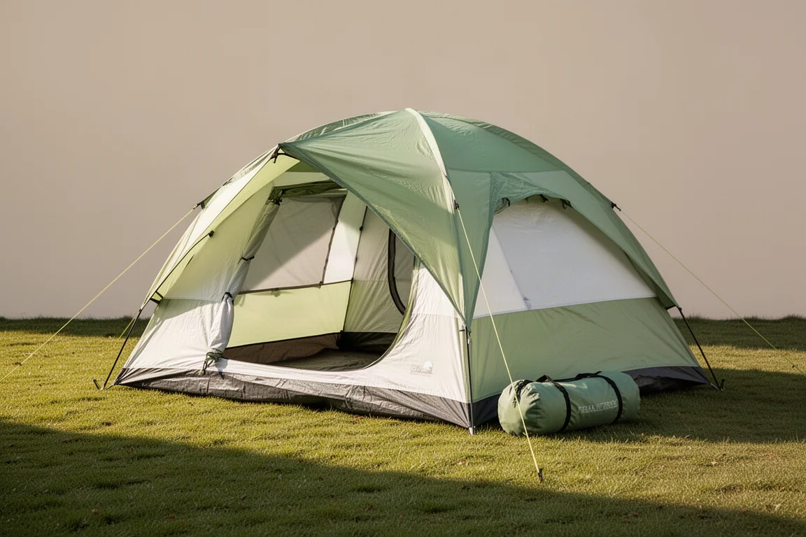 Six-person dome camping tent with green body and pale rainfly on a neutral backdrop
