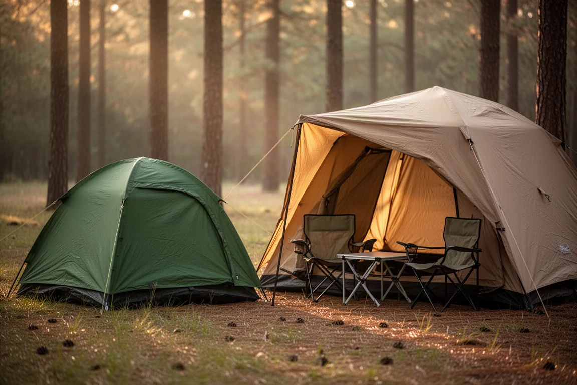 Zwei Campingzelte nebeneinander auf einer Waldlichtung im goldenen Abendlicht