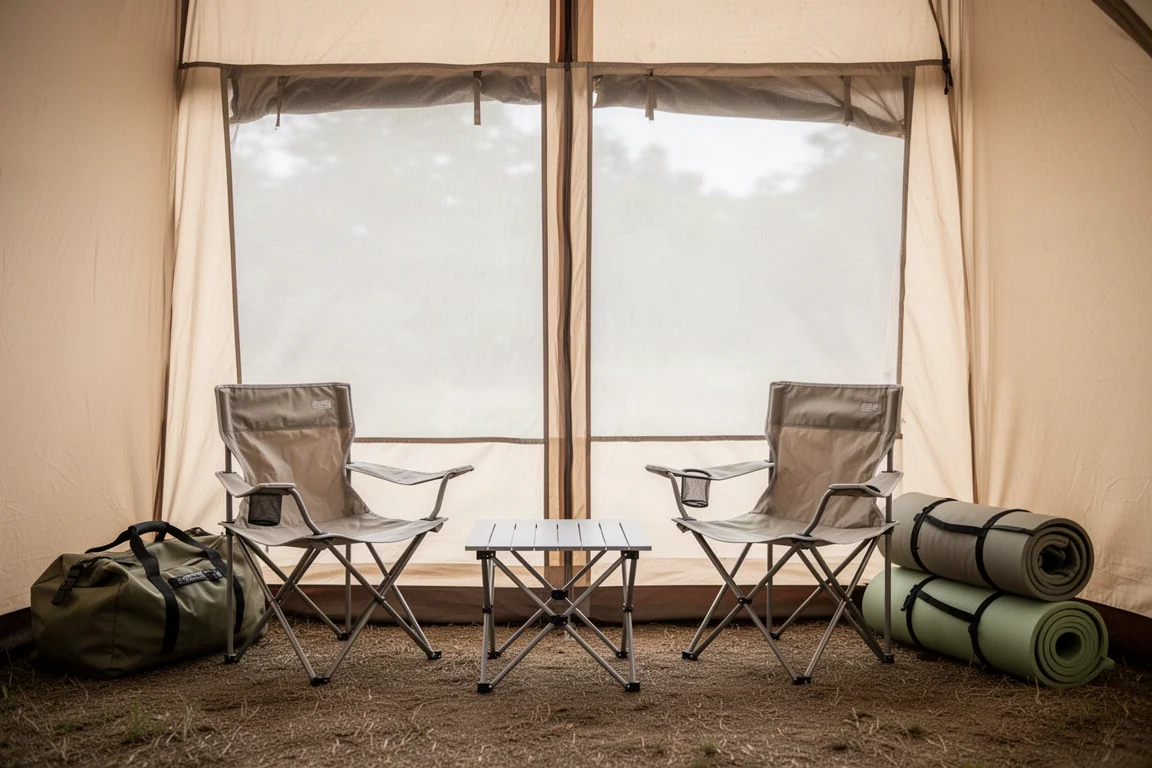 Zwei Campingstühle und ein kleiner Tisch im Vorzelt eines Zeltes aufgebaut