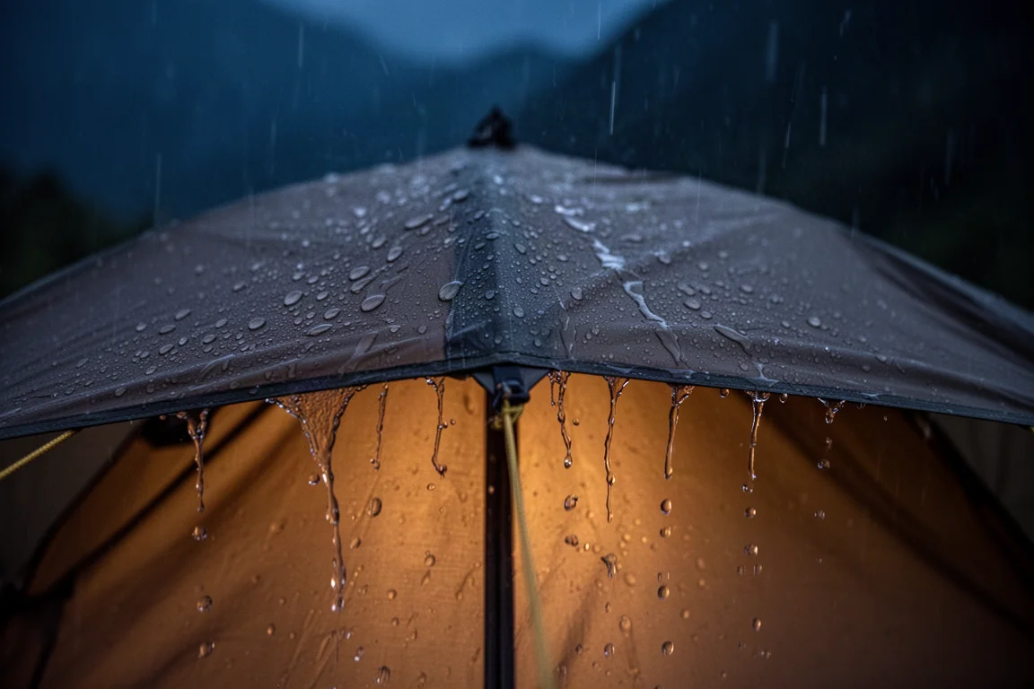Regen perlt nachts am Regenverdeck eines Zeltes ab, innen leuchtet Licht