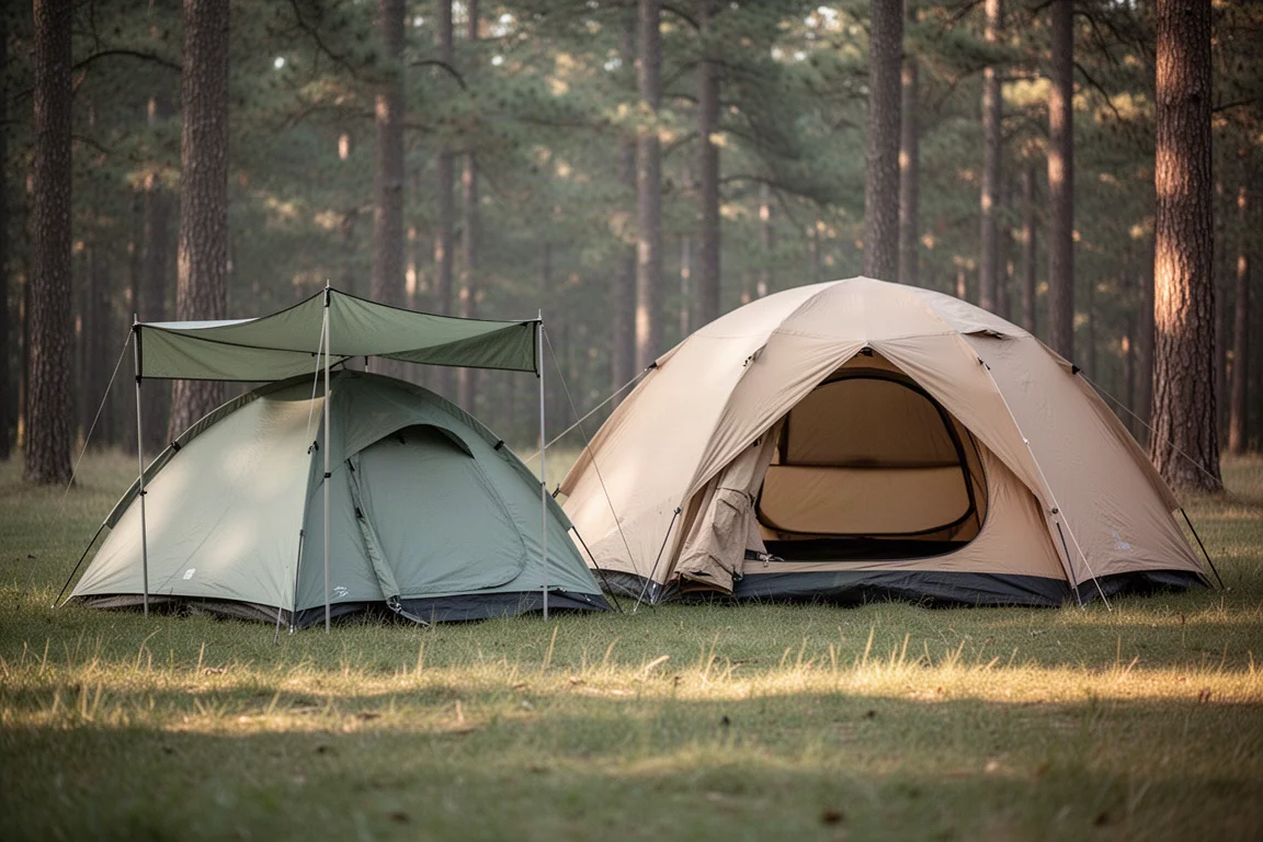 Two camping tents pitched side by side in a grassy forest clearing