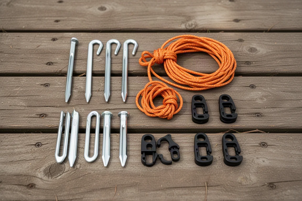 Vue de dessus à plat de piquets de tente, cordelettes orange et clips de mât noirs sur du bois patiné