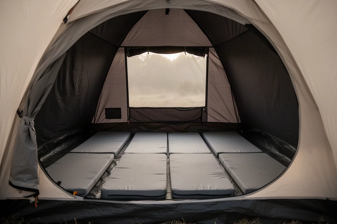 Intérieur d'une tente dôme 4 places avec matelas de camping disposés et lumière matinale à travers la moustiquaire