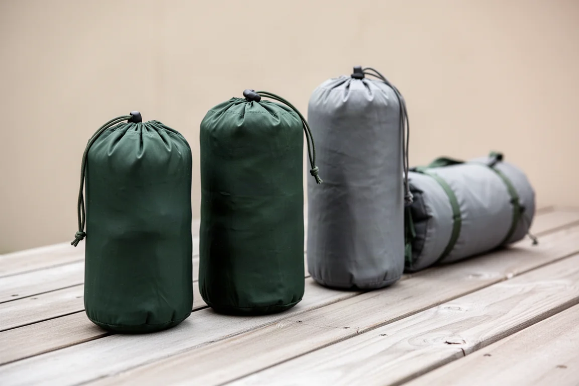 Trois sacs de tente rangés de taille croissante alignés sur une terrasse en bois