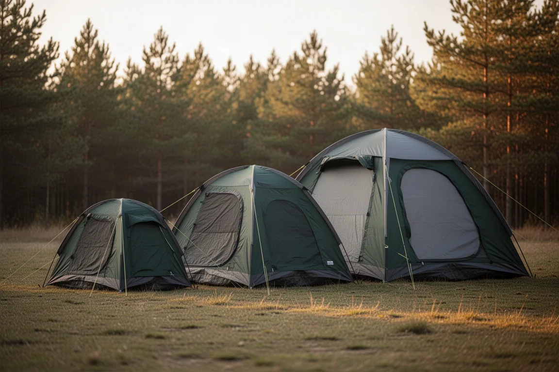 Three dome camping tents of increasing size pitched in a row on a grassy clearing at golden hour