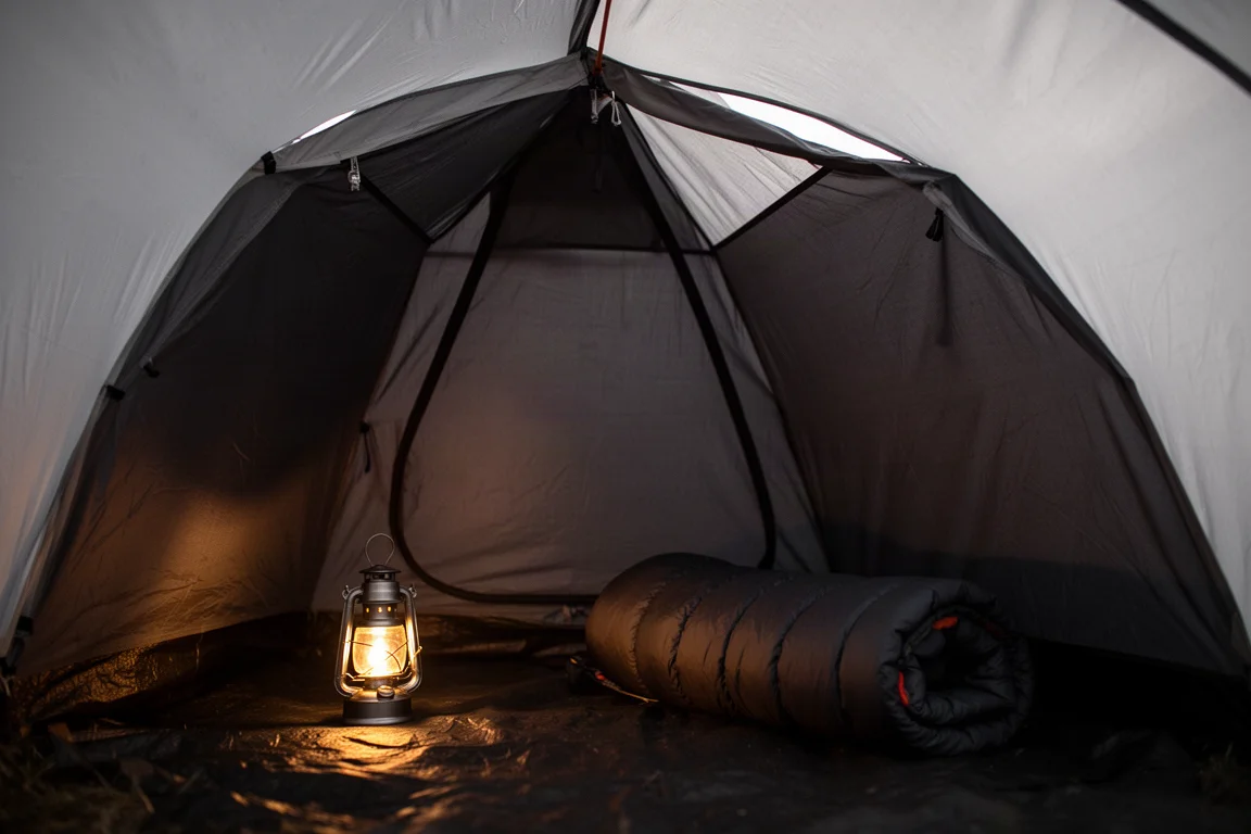 Dark blackout tent interior with a small glowing camping lantern on the floor