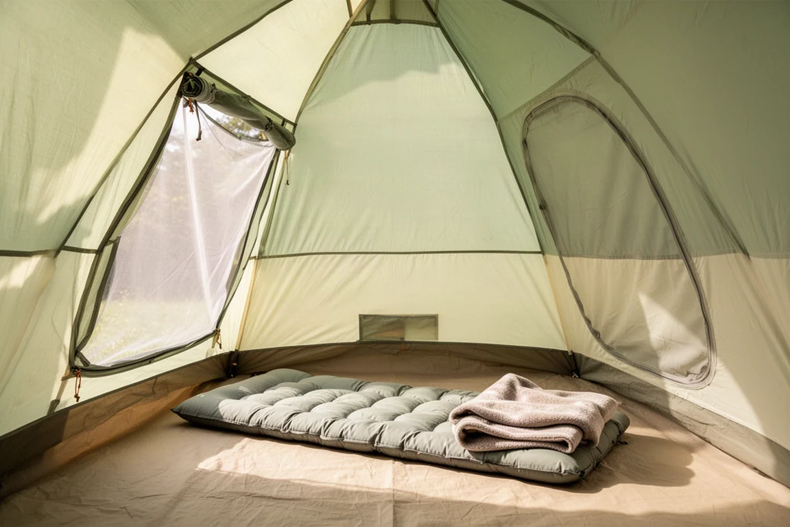 Sunlit interior of a standard dome camping tent with a sleeping pad on the floor