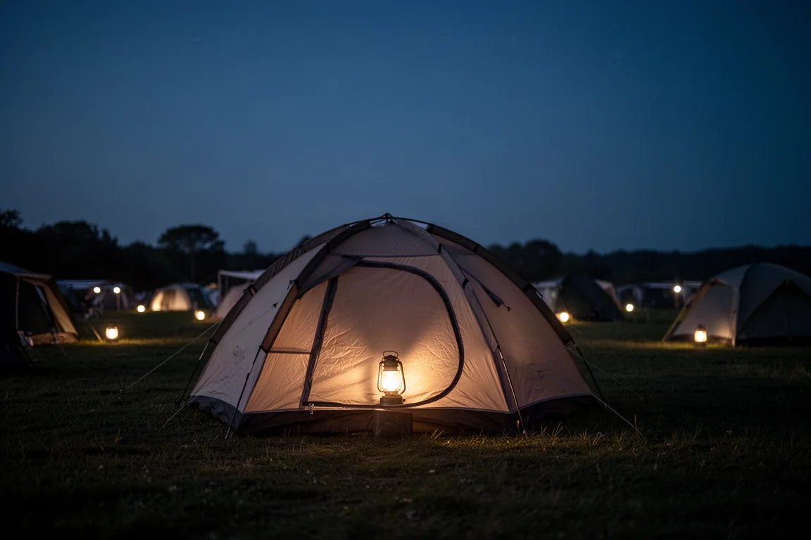 Dome tent glowing faintly from a lantern at night on a dark campsite