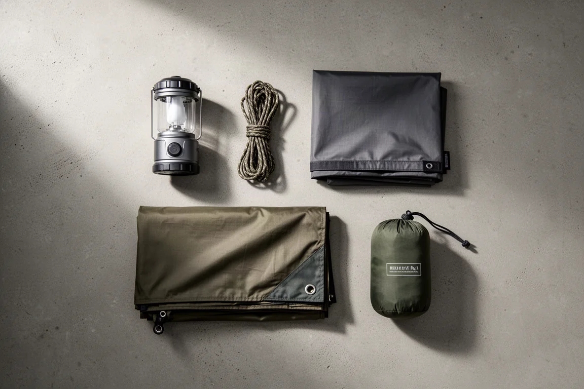 Overhead arrangement of camping accessories on a concrete surface