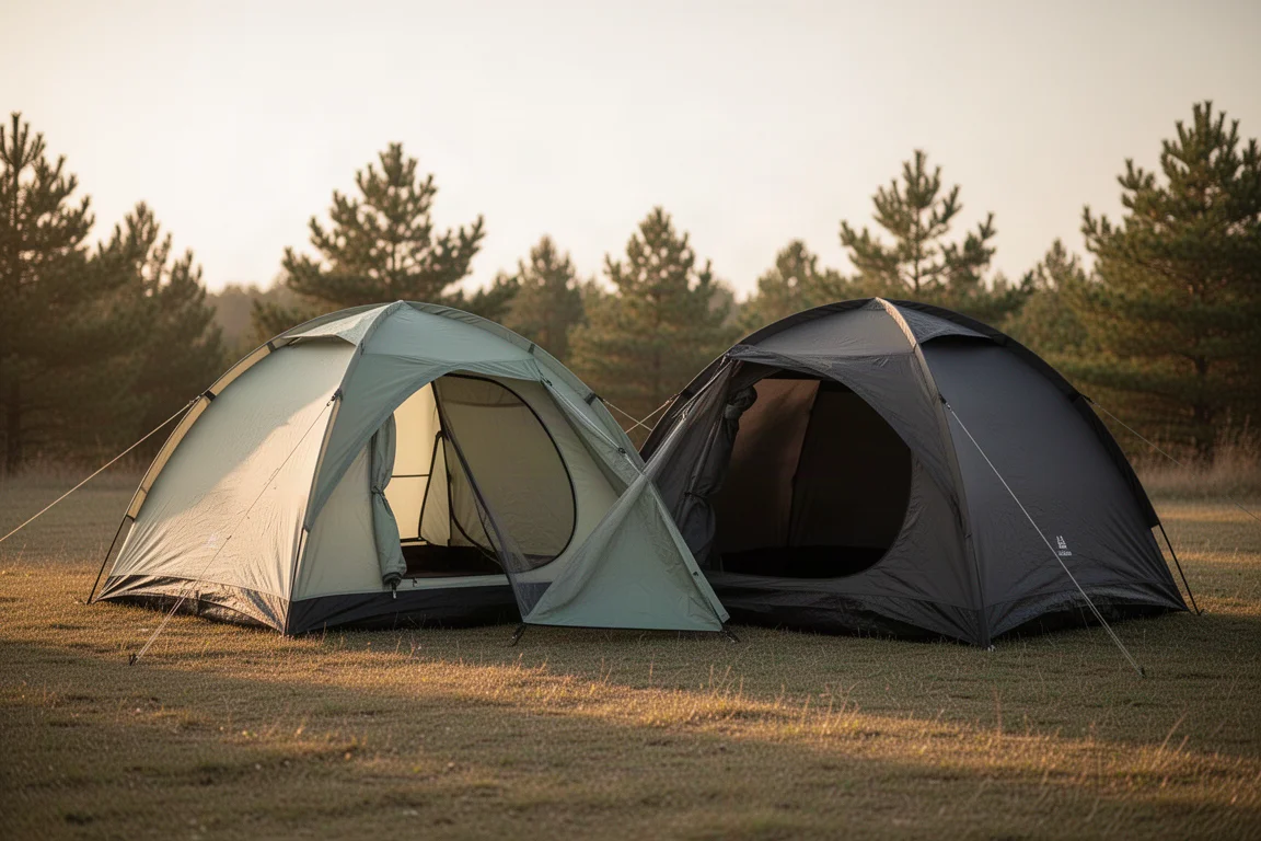 Two dome camping tents pitched side by side on a grassy campsite at golden hour