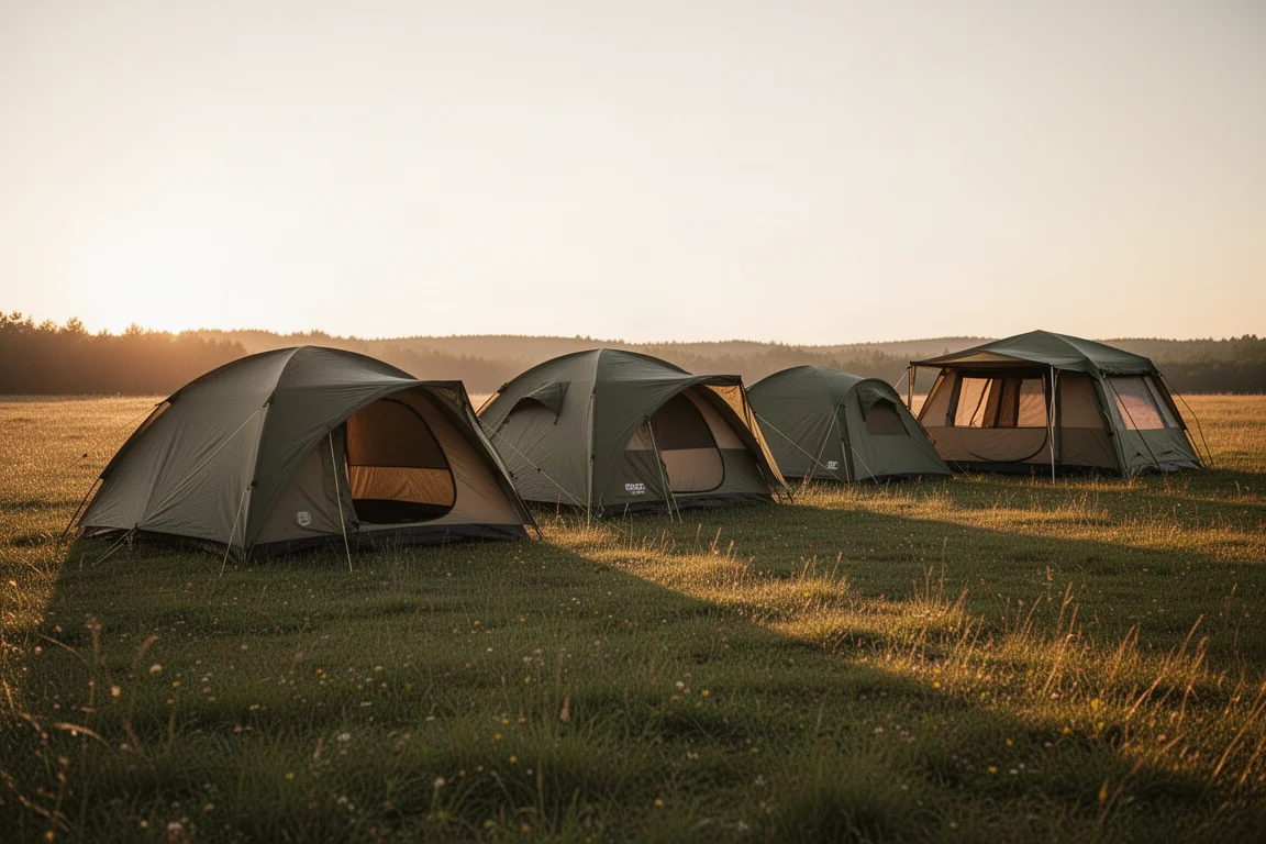 Eine Reihe von Campingzelten auf einer grasbewachsenen Wiese bei Sonnenuntergang