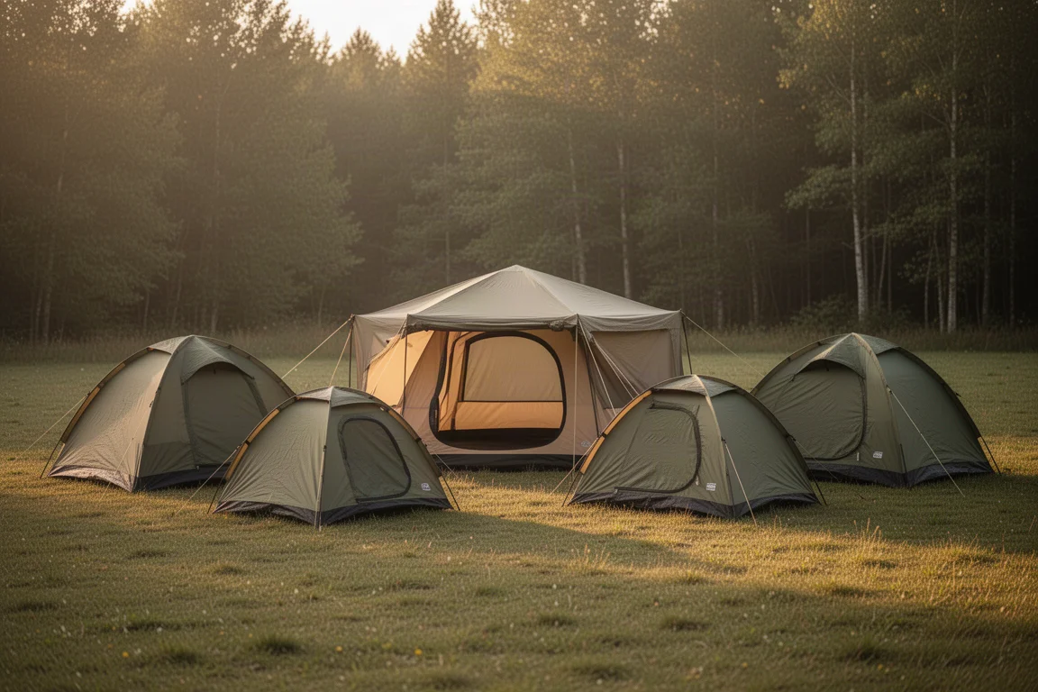 A collection of camping tents pitched in a grassy clearing at golden hour