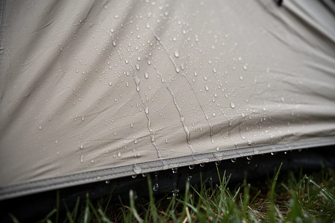 Regn som rinner ner längs sidoväggen på ett campingtält med en synlig nedre söm