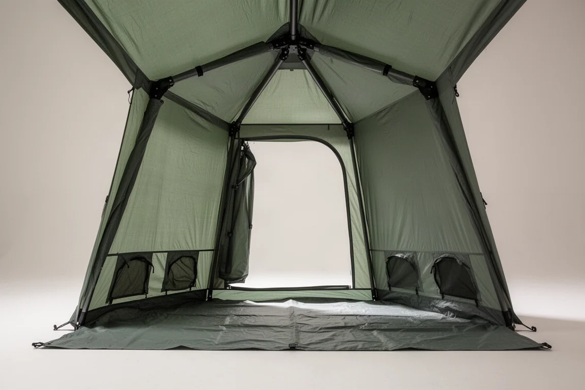 Interiör av ett högt snabbuppsatt cabin-tält som visar takhubbar och låga markventiler