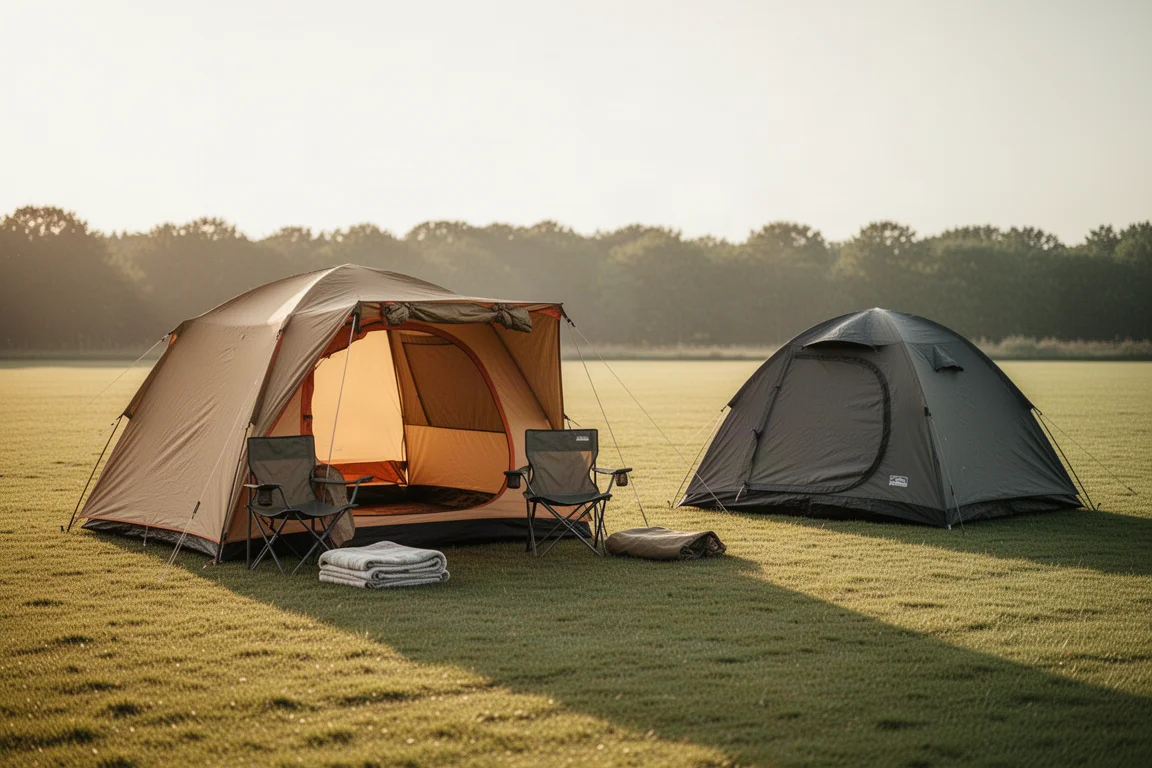 Cabin tent and small dome tent pitched on a grass field at golden hour