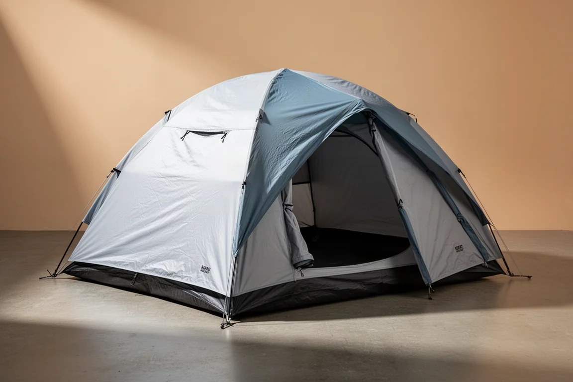Large dome family camping tent with grey and blue rainfly on a matte concrete surface
