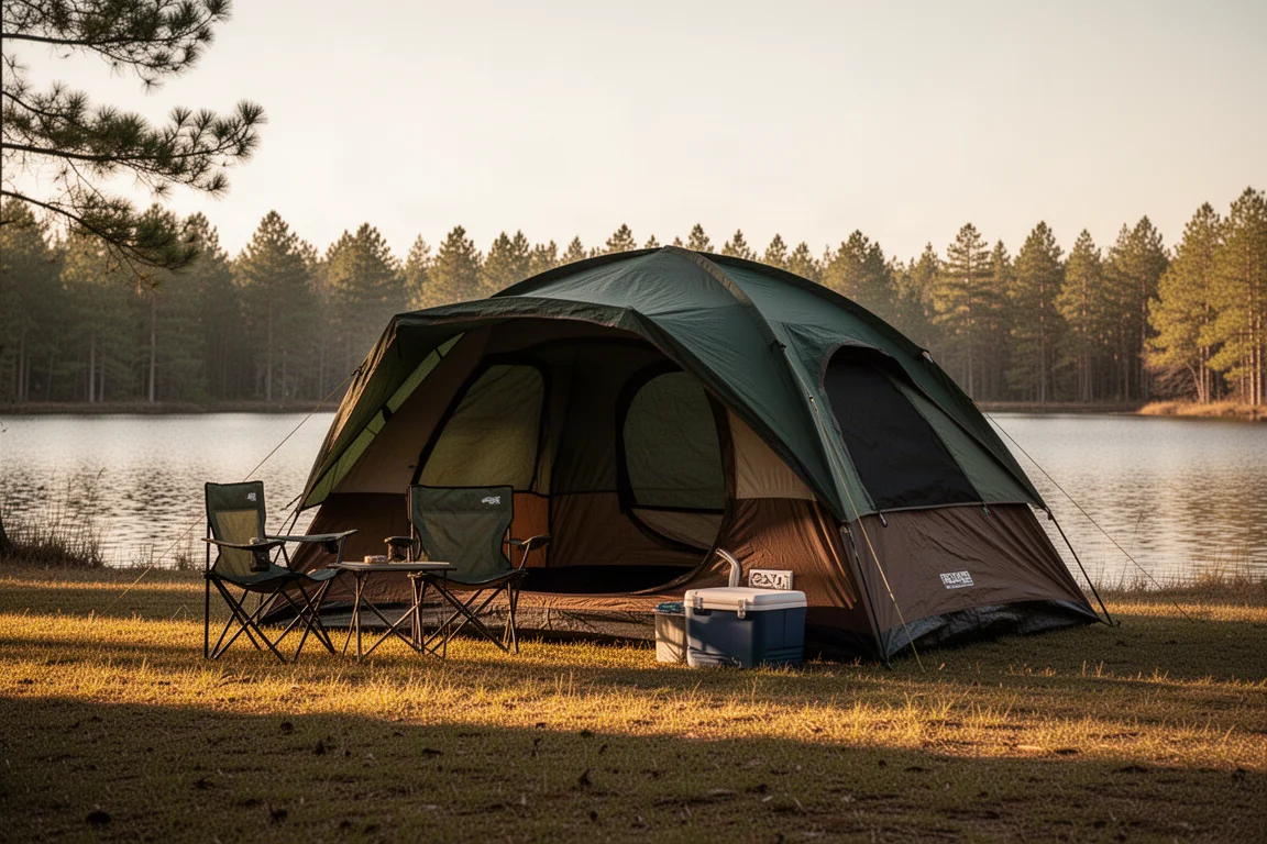 Tienda familiar grande montada en un camping junto al lago al atardecer con sillas de camping fuera