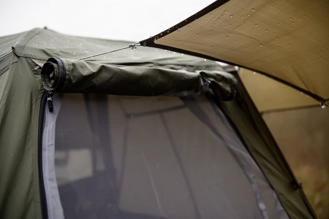 Primer plano de una ventana inclinada con malla y un sobretecho con gotas de lluvia