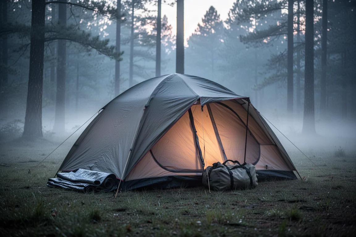 Tienda familiar montada en un claro del bosque al amanecer con niebla ligera en el suelo