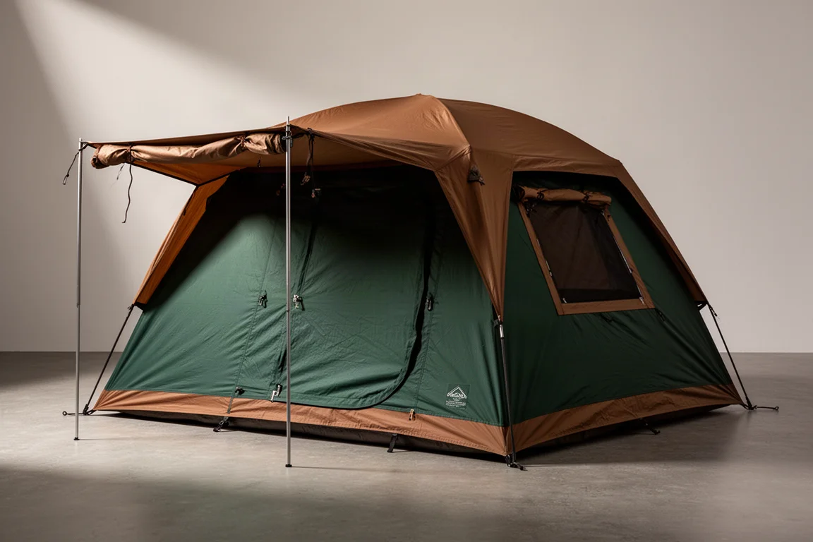 Large green and brown family camping tent with rainfly pitched on a concrete surface