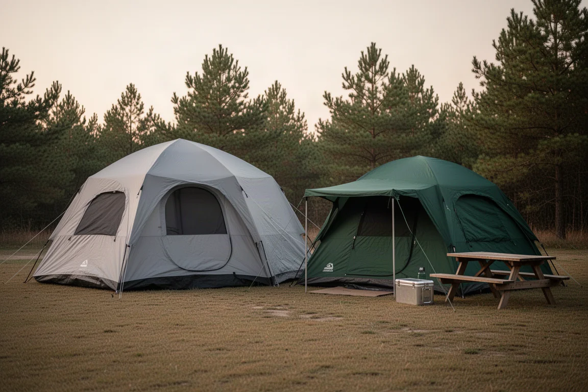 Deux grandes tentes dôme familiales montées côte à côte sur un terrain de camping herbeux au crépuscule