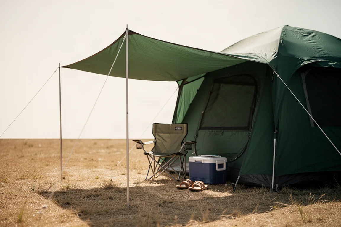 Auvent de tente ombragé avec chaises de camping, glacière et sandales reposant à l'ombre
