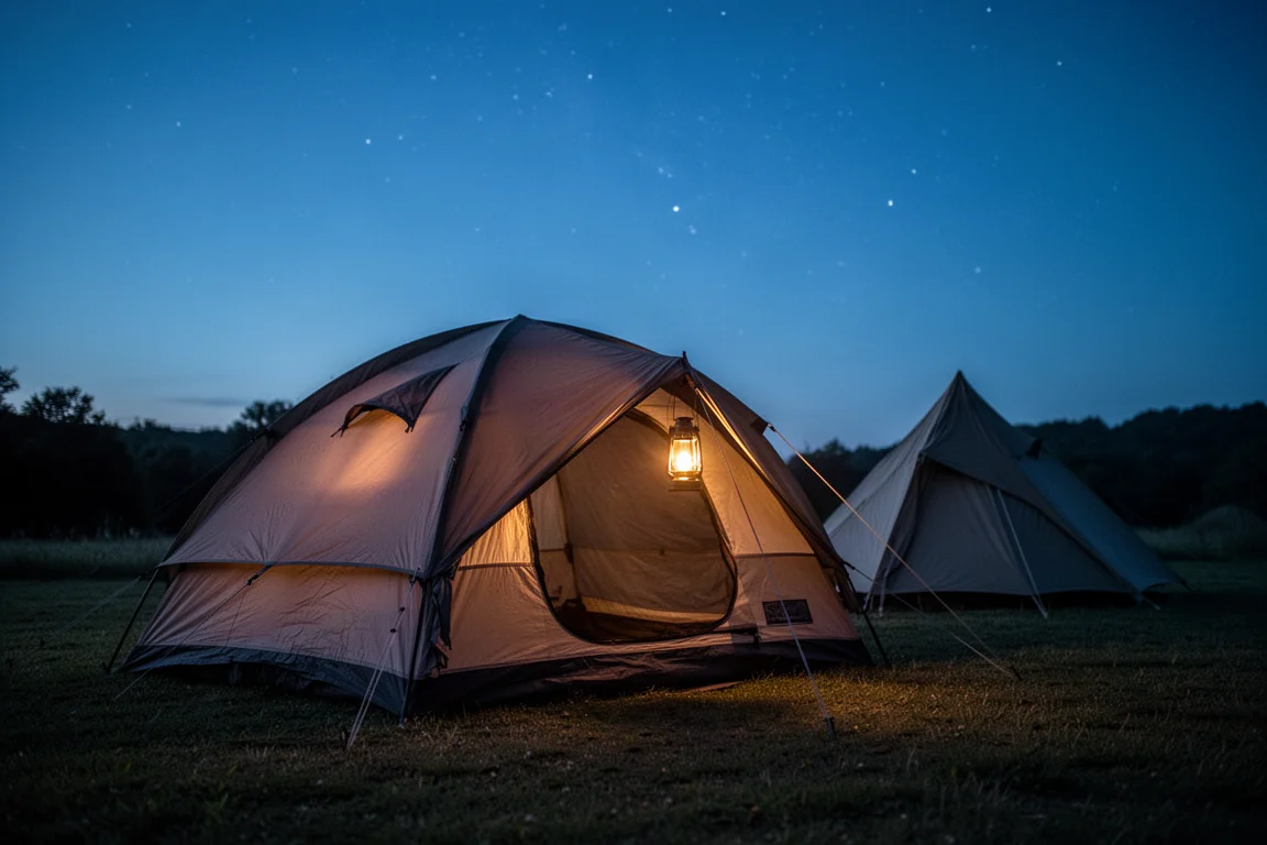 Emplacement de camping à l'heure bleue avec une lumière de lanterne chaude brillant à l'intérieur d'une grande tente