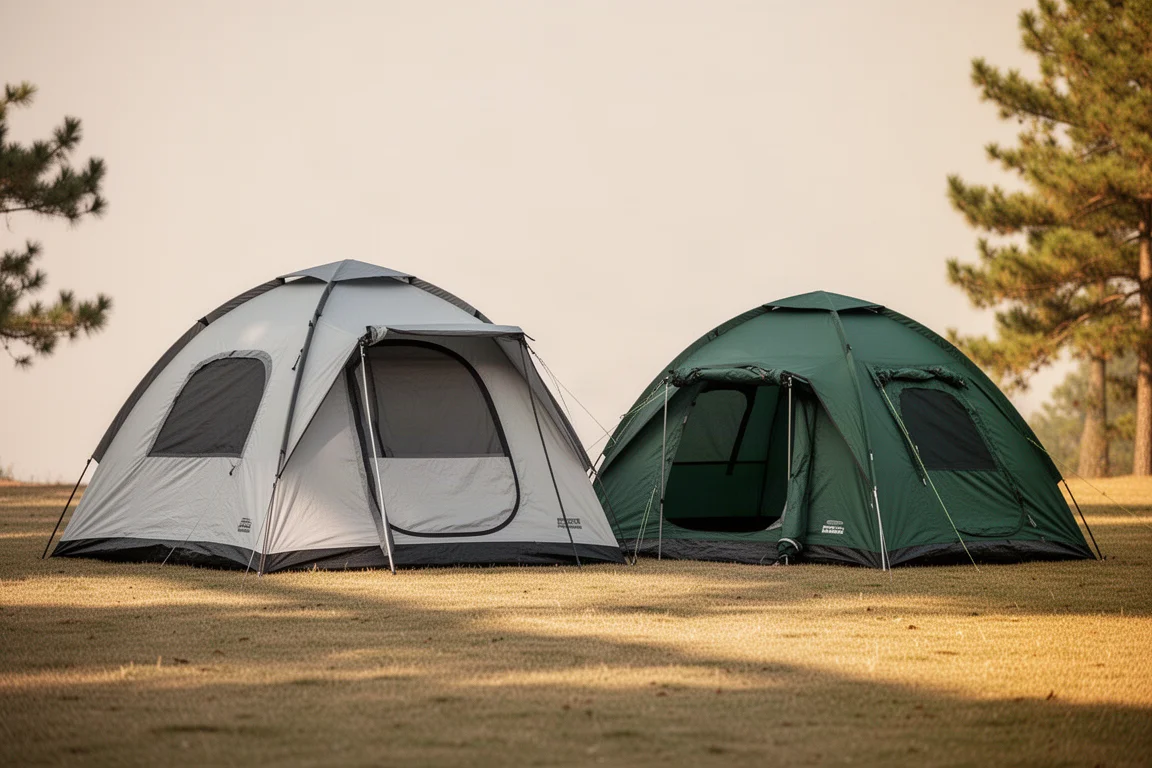 Two large dome family camping tents pitched side by side on a grassy campsite clearing