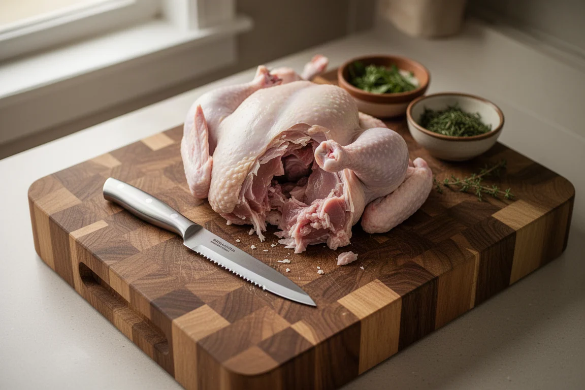 A boning knife breaking down a raw chicken on a wooden cutting board