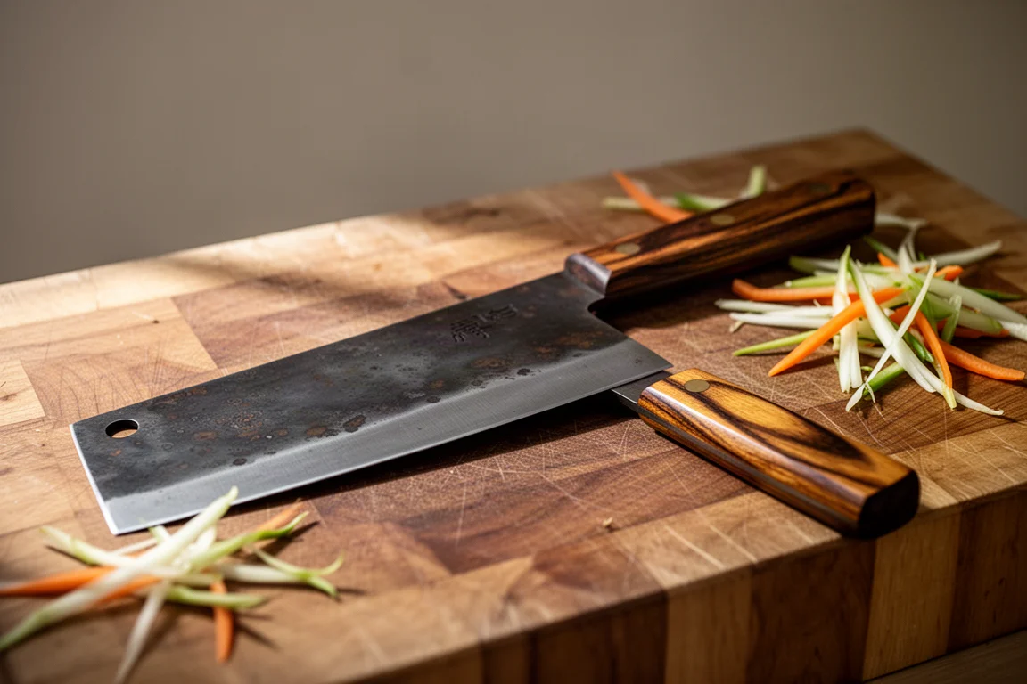A well-used Chinese cleaver with dark patina on a kitchen counter