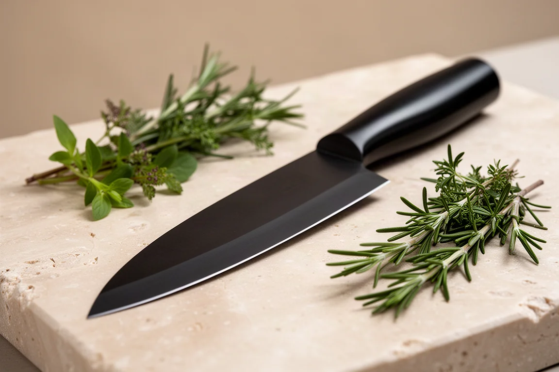 A dark-finished kitchen knife with a thin edge resting on a cutting board