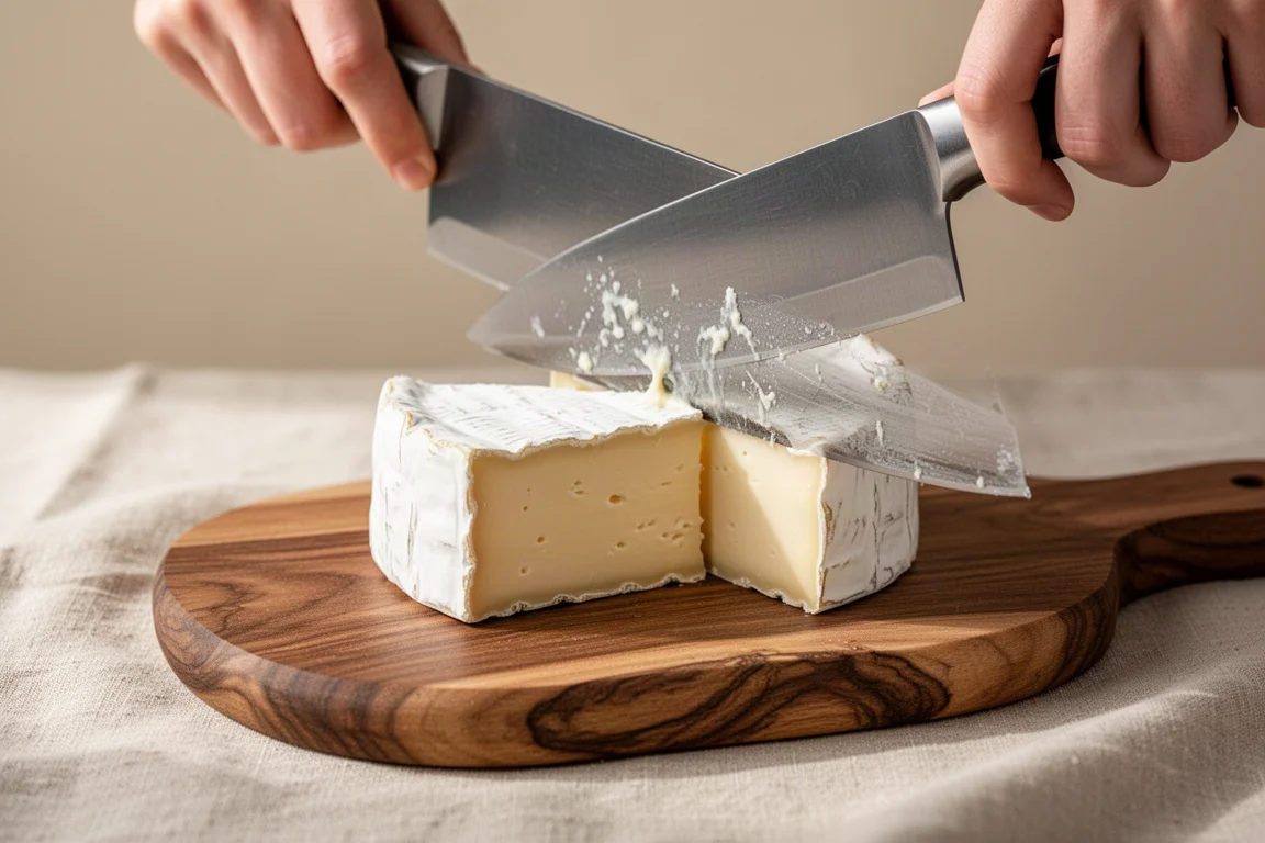 A thin cleaver slicing through soft cheese on a serving board