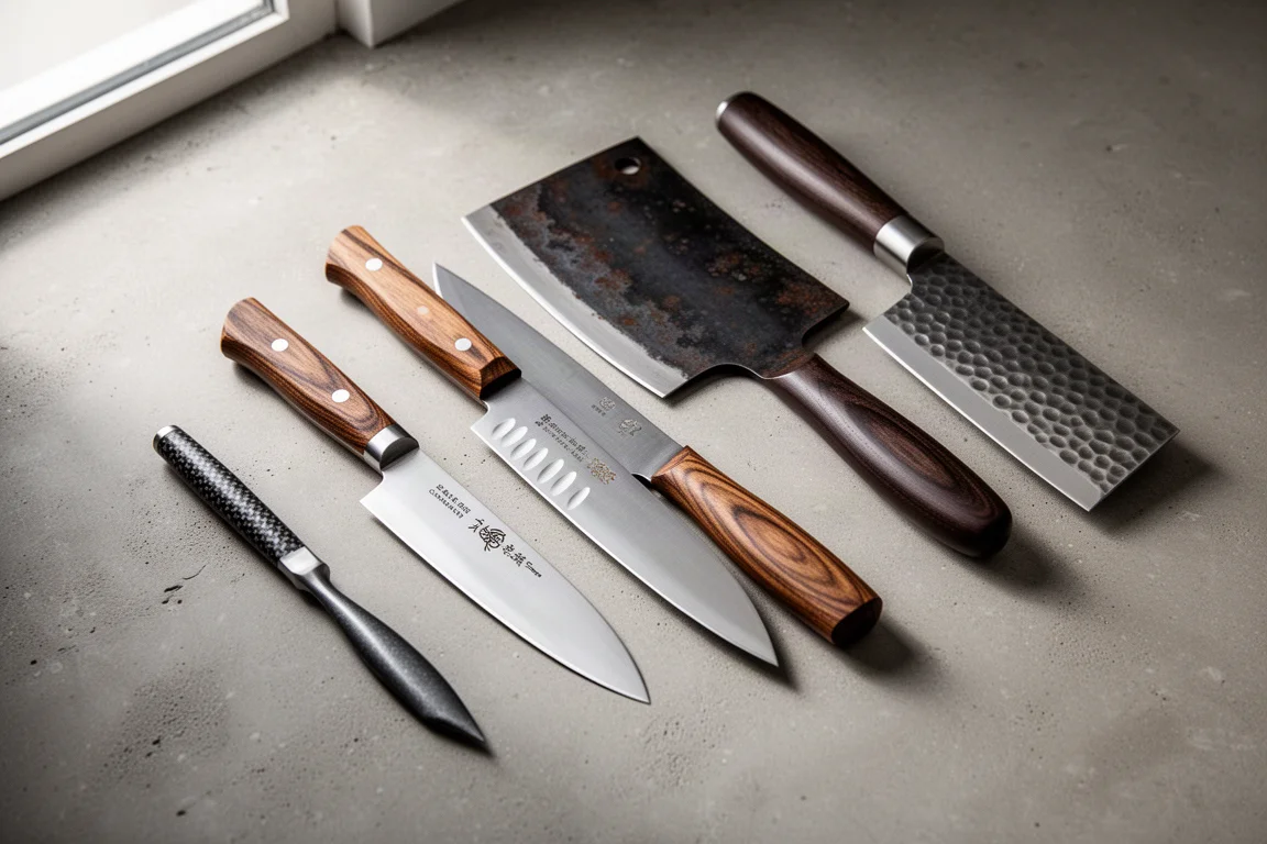 A collection of kitchen knives including cleavers, a santoku and a boning knife arranged on a concrete surface