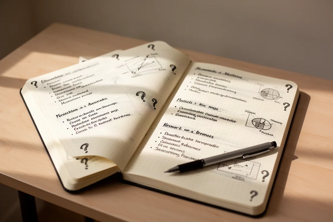 Open dotted-grid notebook with organized notes and diagrams on a desk