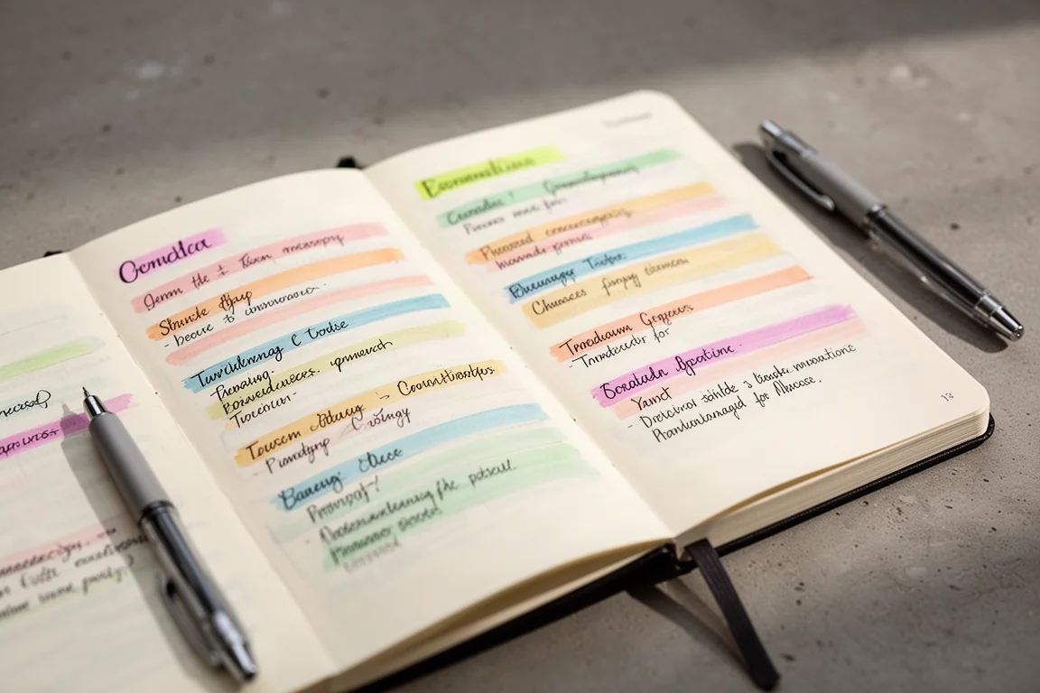 Highlighted notes with color-coded headings on a study desk