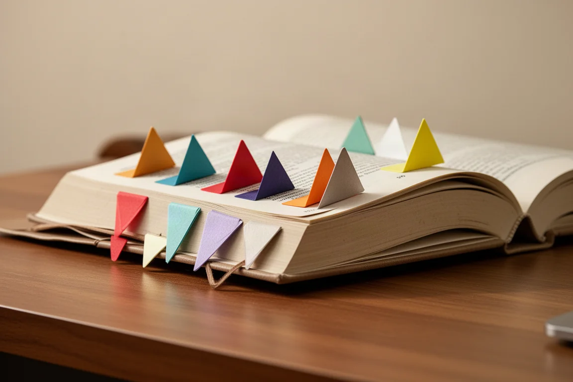 Triangle page marker flags sticking out of a textbook