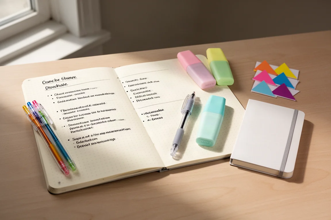 Flat-lay of college note-taking supplies including notebooks, pens, highlighter, and page markers on a desk
