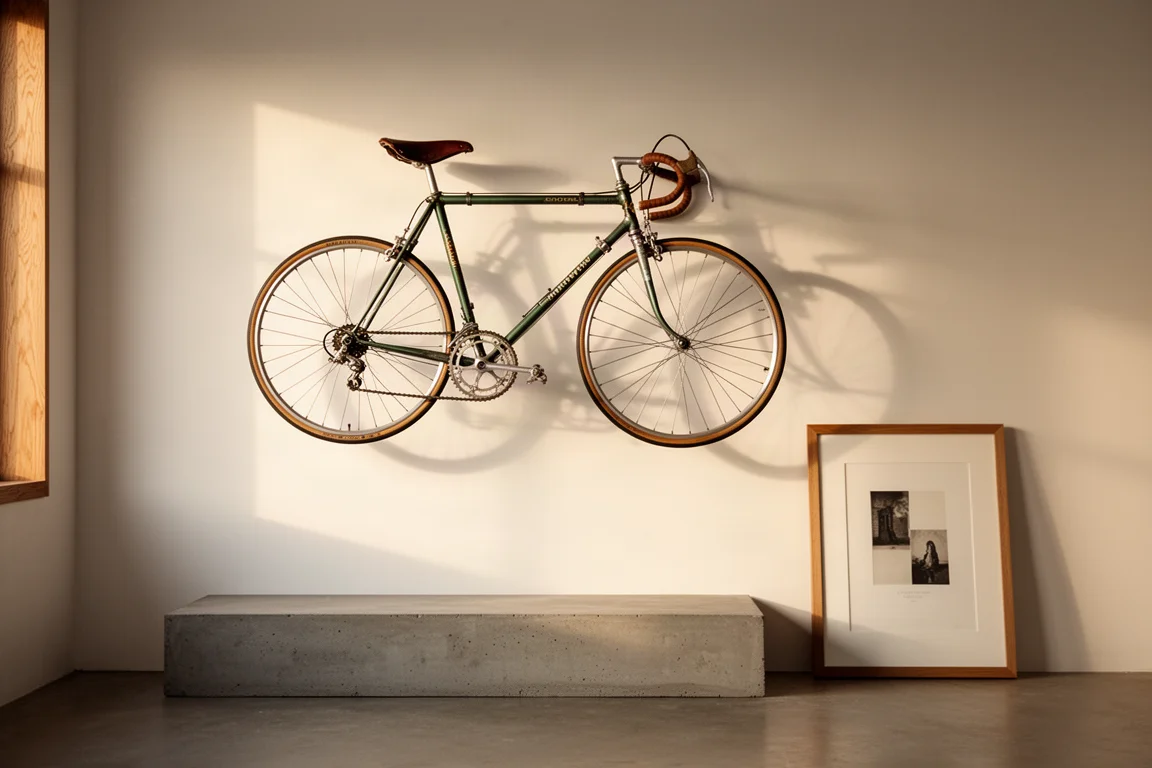 Vintagelandsvägscykel monterad på en väggdisplay i ett minimalistiskt samlarrum